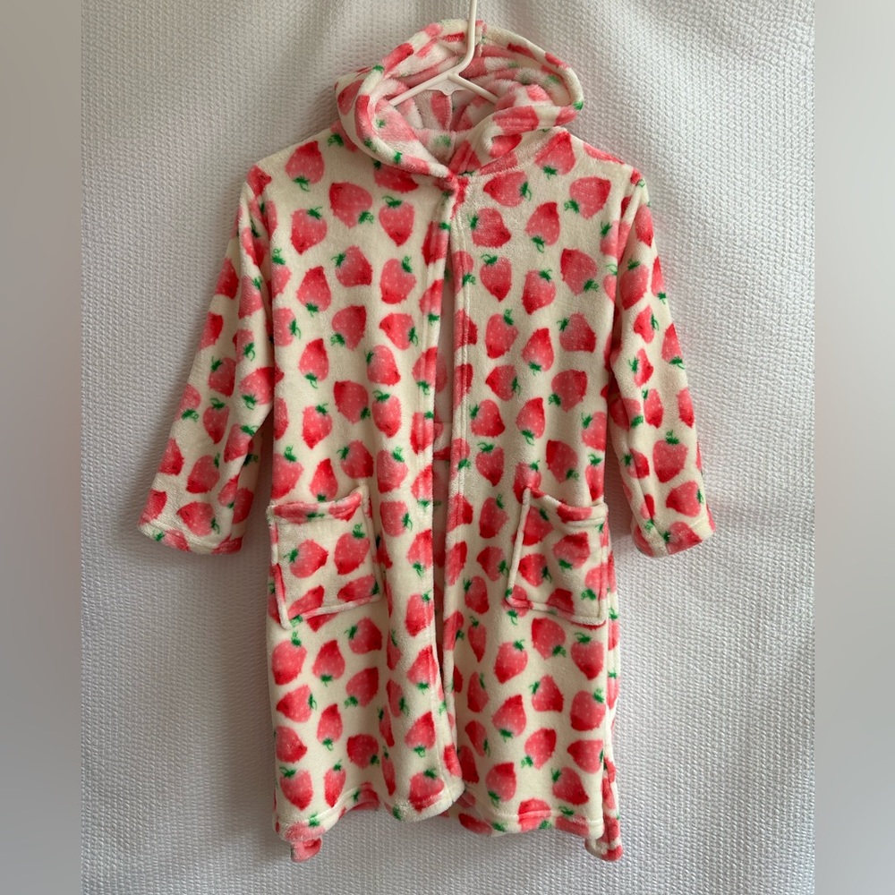 Girls Strawberry Print Fleece Hooded Robe Pink Green 6-7 Years Belted Soft Plush